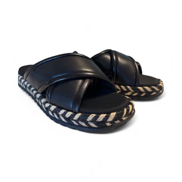 TORY BURCH Crisscross Espadrille Slides Black Tan Black Leather Logo 8 - Picture 4 of 9